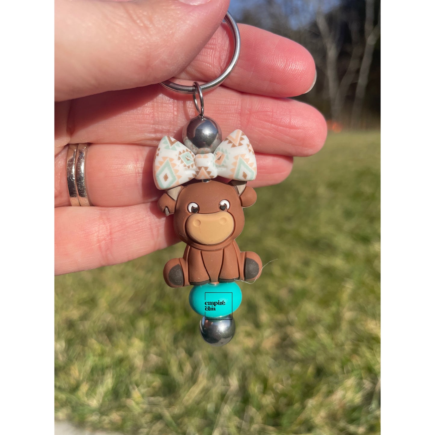 Aztec Bow Brown Cow Keychain