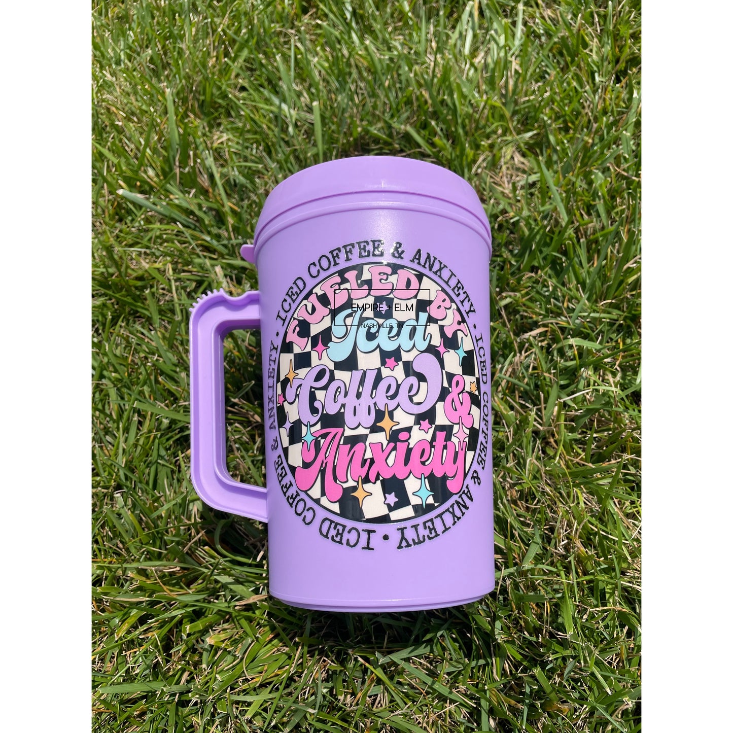 Fueled by Iced Coffee & Anxiety 34 oz Mega Mug in Purple