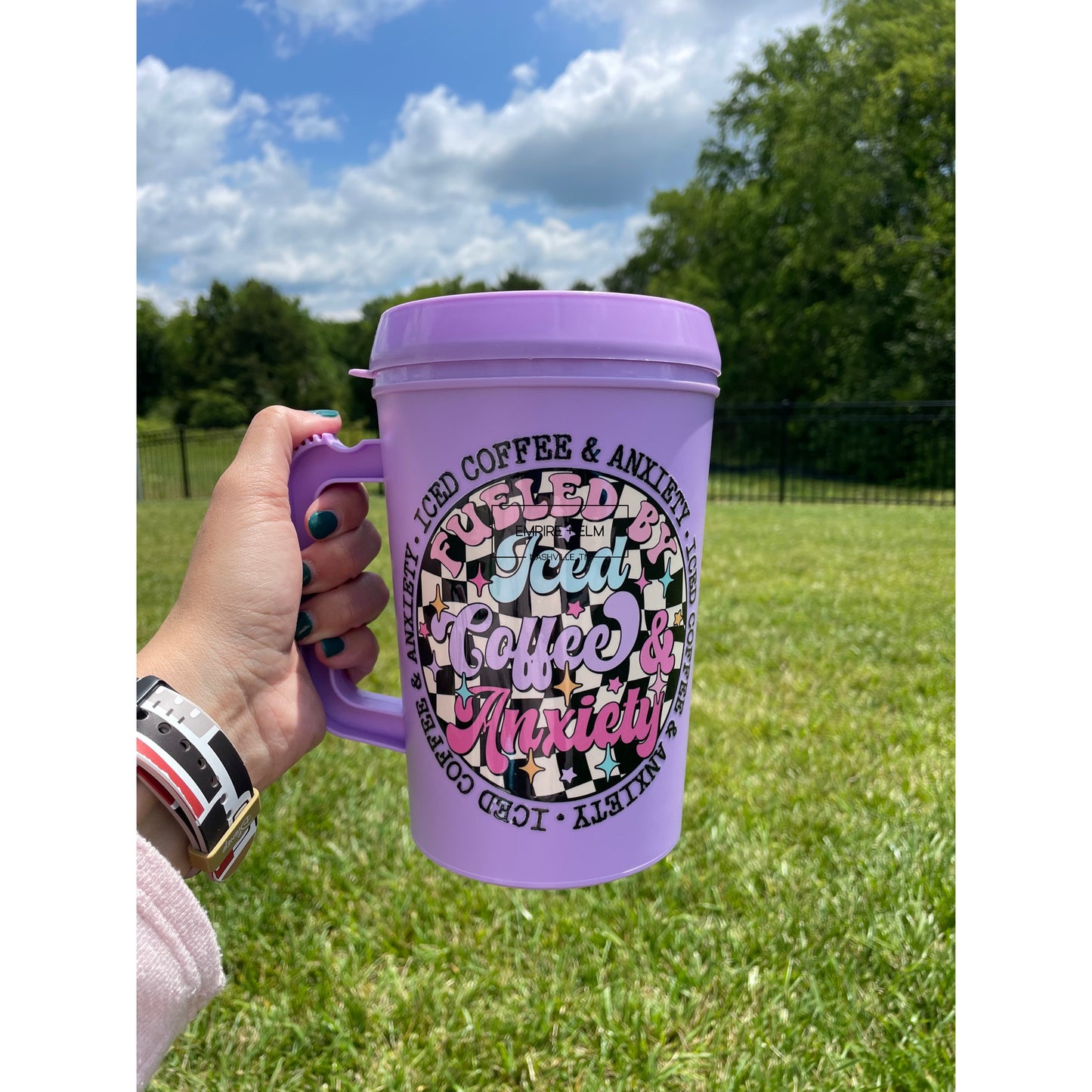 Fueled by Iced Coffee & Anxiety 34 oz Mega Mug in Purple