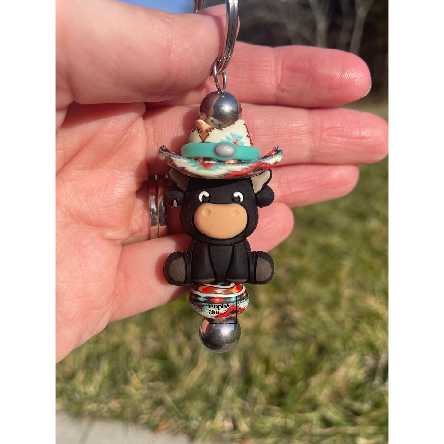 Aztec Black Cow Keychain, south, southern, western, Aztec, cow, cowboy, cowgirl